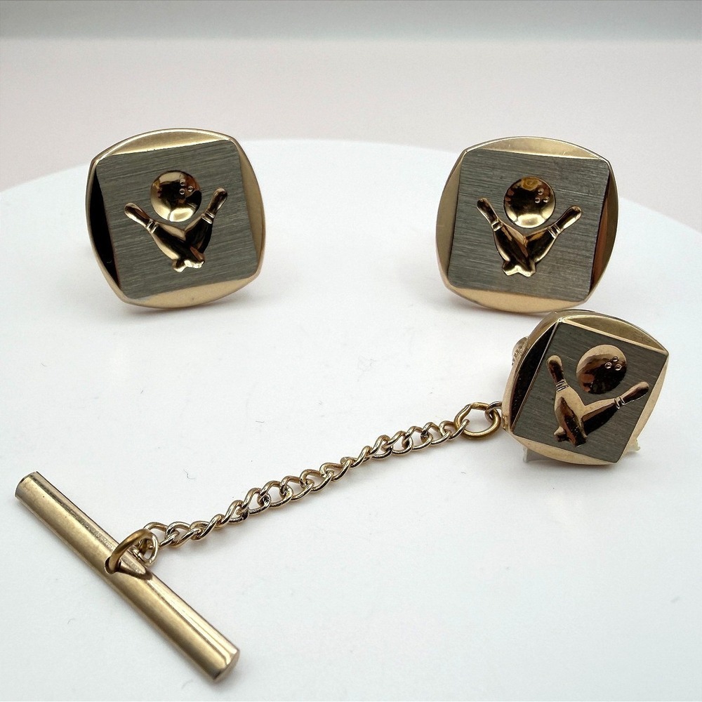 VTG Y2K Gold Tone Bowling Tie Tac Cufflinks Set‎ Men's Classic Fashion Jewelry